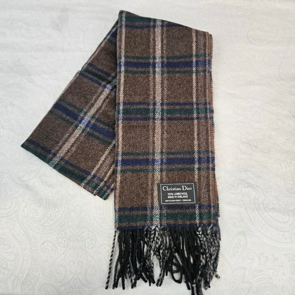 Christian Dior Vintage Brown Plaid Lambswool Scarf Made in England Fringed
